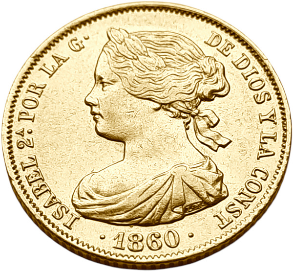 картинка Испания. 100 Реалов 1860 г. Золото. 8.3 г*0.900 0.2402 oz. от магазина Одежда+