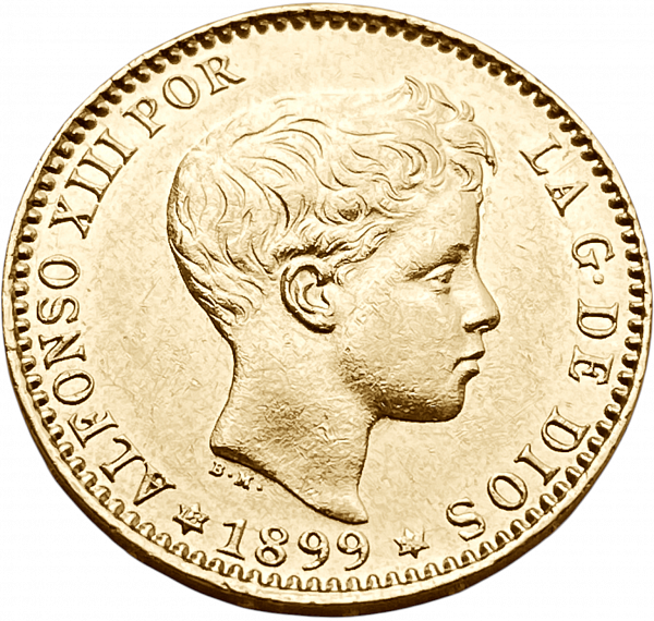 картинка Испания. 20 Песет 1899 (1899) г. Золото. 6.4516 г*0.900 0.1867 oz. от магазина Одежда+