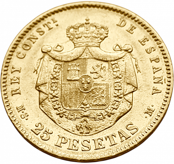 картинка Испания. 25 Песет 1884 (1884) г. Золото. 8.0645 г*0.900 0.2333 oz. от магазина Одежда+ 2