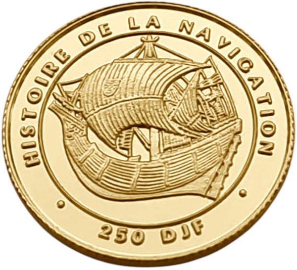картинка Джибути. 250 Франков 1996 г. Золото 1.244 г*0.999 0.04 oz. История Мореплавания! от магазина Одежда+