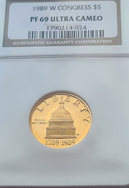 картинка США. 5 Долларов 1989 г. Золото. 8.359 г*0.900 0.2419 oz. КОНГРЕСС! СЛАБ NGC PF 69 ULTRA CAMEO! от магазина Одежда+ 3