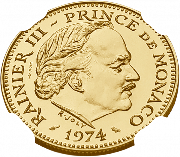 картинка Монако. 5 Франков 1974 г. Золото. 19.6 г*0.920 0.5797 oz. ESSAI. СЛАБ NGC PF 68! от магазина Одежда+