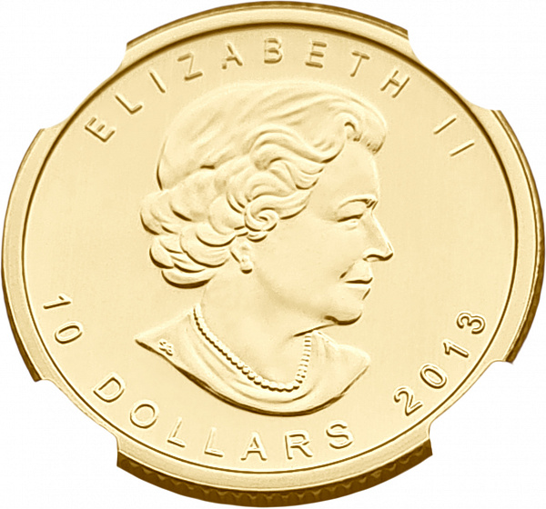 картинка Канада. 10 Долларов 2013 г. Золото. 7.78 г*0.9999 0.25 oz. Полярный Медведь! СЛАБ ННР MS 68! от магазина Одежда+ 2