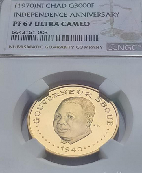 картинка Чад. 3 000 Франков 1970 г. Золото. 10.5 г*0.900 0.3038 oz. СЛАБ NGC PF67 ULTRA CAMEO! от магазина Одежда+ 3