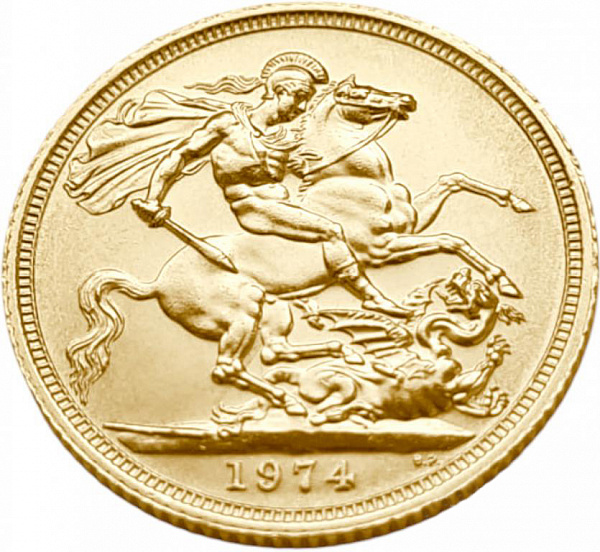 картинка Великобритания. 1 Соверен 1974 г. Золото. 7.98 г*0.917 0.2353 oz. от магазина Одежда+ 2