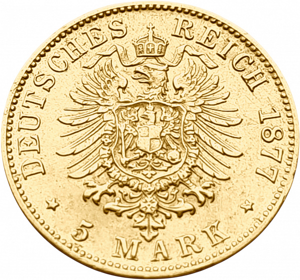 картинка Бавария. 5 Марок 1877 г. Золото. 1.991 г*0.900 0.0576 oz. от магазина Одежда+ 2