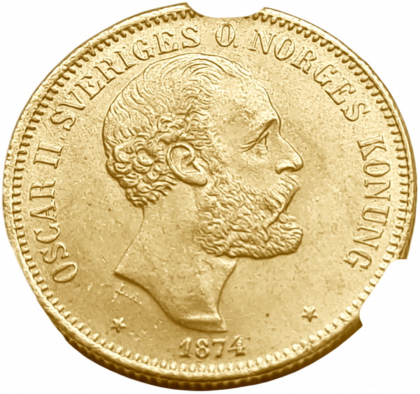 картинка Швеция. 20 Крон 1874 г. Золото. 8.9606 г*0.900 0.2593 oz. СЛАБ CPRC MS 63! от магазина Одежда+