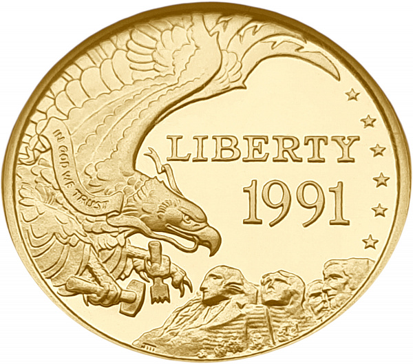 картинка США. 5 Долларов 1991 г. Золото. 8.359 г*0.900 0.2419 oz. Рашмор! СЛАБ NGC PF 69 ULTRA CAMEO! от магазина Одежда+