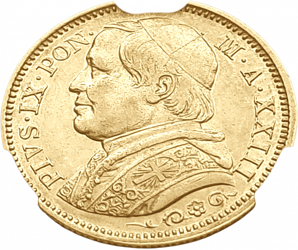 картинка Ватикан. 20 Лир 1868 г. Золото. 6.451 г*0.900 0.1867 oz. СЛАБ CPRC AU 53! от магазина Одежда+
