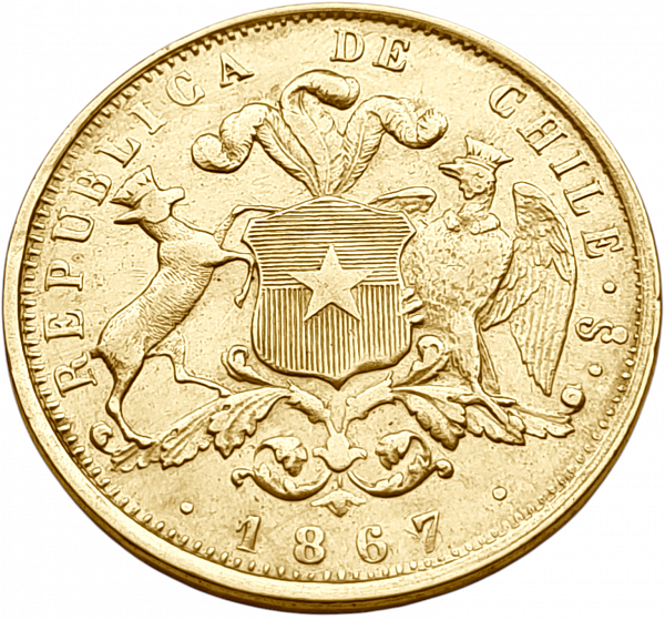 картинка Чили. 10 Песо 1867 г. Золото. 15.253 г*0.900 0.4413 oz. от магазина Одежда+ 2