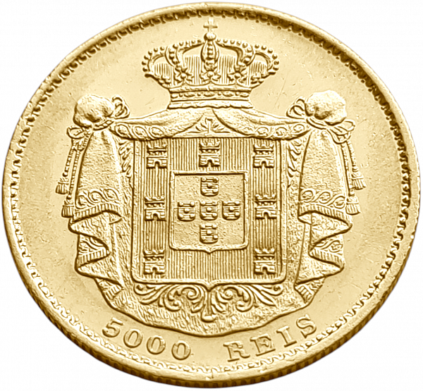 картинка Португалия. 5000 Рейс 1868 г. Золото. 8.8675 г*0.917 0.2614 oz. от магазина Одежда+ 2