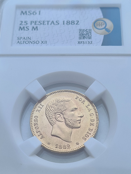 картинка Испания. 25 Песет 1882 (1882) г. Золото. 8.0645 г*0.900 0.2333 oz. СЛАБ ННР MS 61! от магазина Одежда+ 3