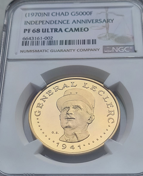 картинка Чад. 5 000 Франков 1970 г. Золото. 17.5 г*0.900 0.5064 oz. Филипп Леклерк! СЛАБ NGC PF 68 ULTRA CAMEO! от магазина Одежда+ 3