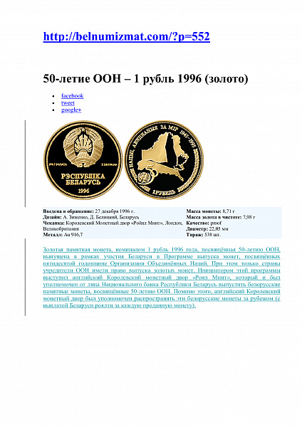 картинка 1 рубль 1996г. ЗОЛОТО Белоруссия, Краузе 4500 долл.США Редкая. от магазина Одежда+ 4