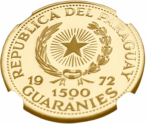 картинка Парагвай. 1500 Гуарани 1972 г. Золото. 10.7 г*0.900 0.3096 oz. Футбол! СЛАБ NGC PF 68 ULTRA CAMEO! от магазина Одежда+ 2