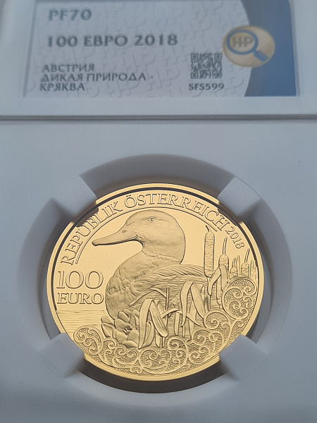 картинка Австрия. 100 Евро 2018 г. Золото. 16.23 г*0.986 0.5145 oz. Дикая Природа! Утка! от магазина Одежда+ 3