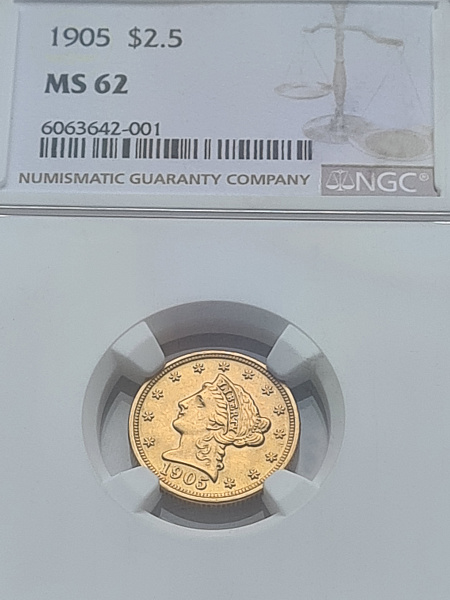 картинка США. 2 1/2 Доллара 1905 г. Золото. 4.18 г*0.900 0.1209 oz. СЛАБ NGC MS 62! от магазина Одежда+ 3