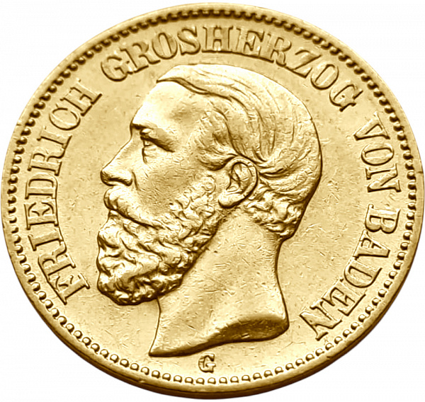 картинка Баден. 20 Марок 1894 г. Золото. 7.965 г*0.900 0.2305 oz. от магазина Одежда+
