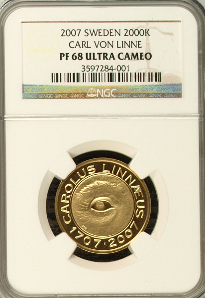 картинка Швеция. 2000 Крон 2007г. Золото. 12.0 г*0.900 0,3472 oz. Карл Линней! СЛАБ NGC PF 68 ULTRA CAMEO! от магазина Одежда+ 3