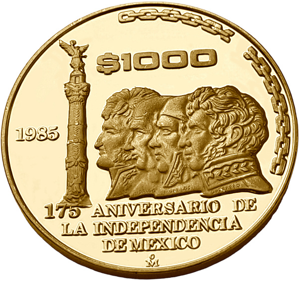картинка Мексика. 1000 Песо 1985 г. Золото. 17.28 г*0.900 0.5 oz. 175-ая Годовщина Независимости! от магазина Одежда+