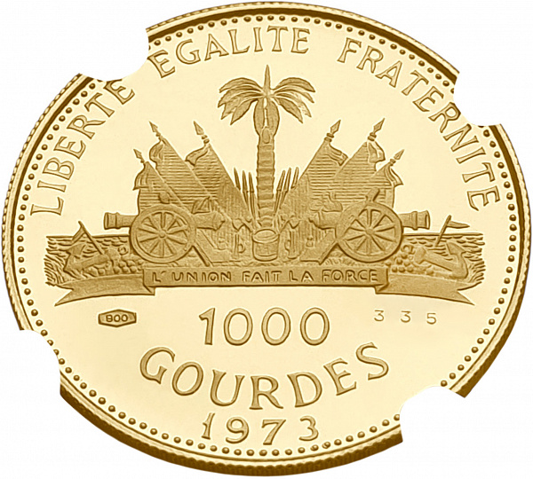 картинка Гаити. 1000 Гурдов 1973 г. Золото. 13.0 г*0.900 0.3762 oz. СЛАБ NGC PF 68 ULTRA CAMEO! от магазина Одежда+ 2
