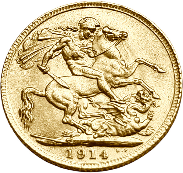 картинка Великобритания. 1 Соверен 1914 г. Золото. 7.99 г*0.917 0.2355 oz. от магазина Одежда+ 2