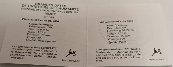 картинка Франция. 50 Евро 2026 г. Золото. 7.78 г*0.999 0.25 oz. 250-летие Независимости США! ТИРАЖ 500 ЭКЗ! СЛАБ ННР PF 69! от магазина Одежда+ 4