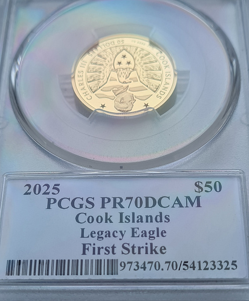 картинка Острова Кука. 50 Долларов 2025 г. Золото. 7.78 г*0.9999 0.25 oz. СЛАБ PCGS PR 70 DCAM! от магазина Одежда+ 3