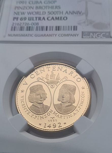 картинка Куба. 50 Песо 1991 г. Золото 15.55 г*0.999 0.5 oz. Братья Пинсон! СЛАБ NGC PF 69 ULTRA CAMEO! ТИРАЖ 200 ЭКЗ! от магазина Одежда+ 3