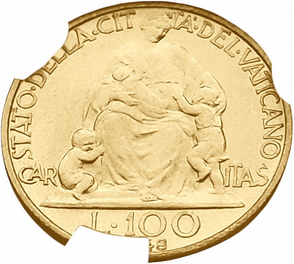картинка Ватикан. 100 Лир 1948 г. Золото. 5.19 г*0.900 0.1502 oz. СЛАБ CPRC MS 64! от магазина Одежда+