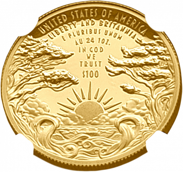картинка США. 100 Долларов 2024г. Золото. 31.108 г*0.9999 1.0 oz. Высокий Рельеф! Свобода и Британия! СЛАБ NGC PF 70 ULTRA CAMEO! от магазина Одежда+ 2