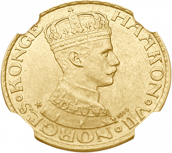 картинка Норвегия. 20 Крон 1910 г. Золото 8.96 г*0.900 0.2593 oz. СЛАБ NGC MS 64! от магазина Одежда+