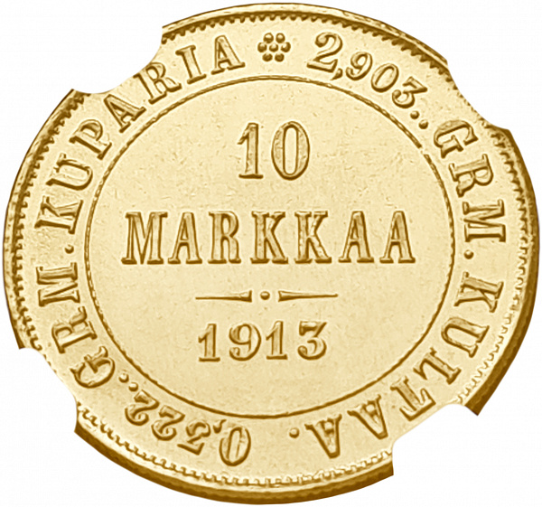картинка Финляндия. Россия. 10 Марок 1913 г. Золото. 3.2258 г*0.900 0.0933 oz. (S). СЛАБ NGC MS 65! от магазина Одежда+
