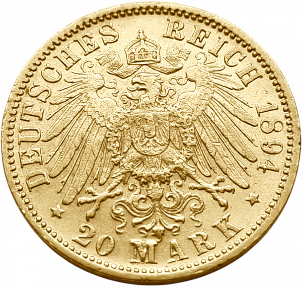 картинка Баден. 20 Марок 1894 г. Золото. 7.965 г*0.900 0.2305 oz. от магазина Одежда+ 2