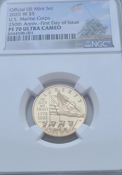 картинка США. 5 Долларов 2025 г. Золото. 8.39 г*0.900 0.243 oz. 250-летие Корпуса морской пехоты! СЛАБ NGC PF 70 ULTRA CAMEO! от магазина Одежда+ 3