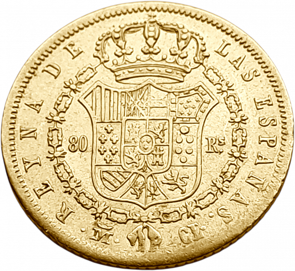 картинка Испания. 80 Реалов 1842 г. Золото. 6.77 г*0.875 0.1904 oz. от магазина Одежда+ 2