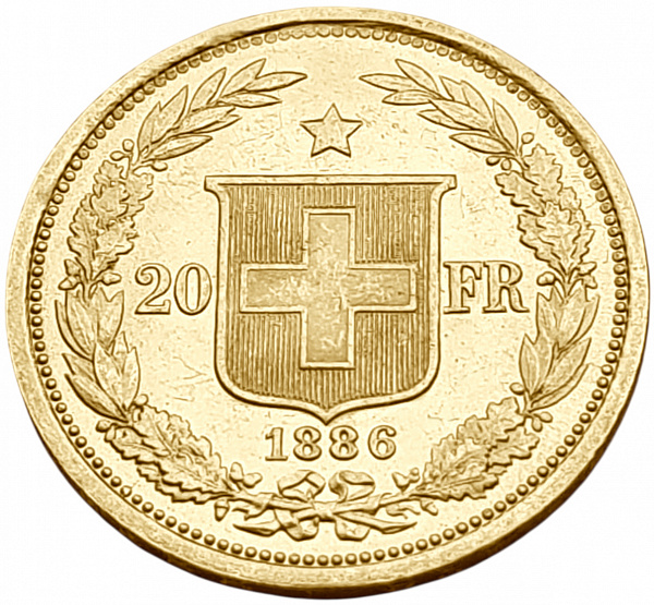 картинка Швейцария. 20 Франков 1886 г. Золото. 6.452 г*0.900 0.1867 oz. от магазина Одежда+ 2