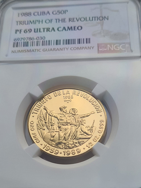 картинка Куба. 50 Песо 1988г. Золото 15.55 г*0.999 0.5 oz. Триумф революции! СЛАБ NGC PF 69 ULTRA CAMEO! ТИРАЖ 150 ЭКЗ! от магазина Одежда+ 3