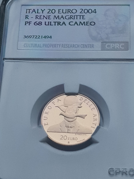 картинка Италия. 20 Евро 2004 г. Золото. 6.45 г*0.900 0.1867 oz. Рене Магритт! СЛАБ CPRC PF 68 ULTRA CAMEO! от магазина Одежда+ 3