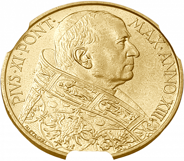 картинка Ватикан. 100 Лир 1934 г. Золото. 8.8 г*0.900 0.2546 oz. СЛАБ CPRC MS 64! от магазина Одежда+ 2