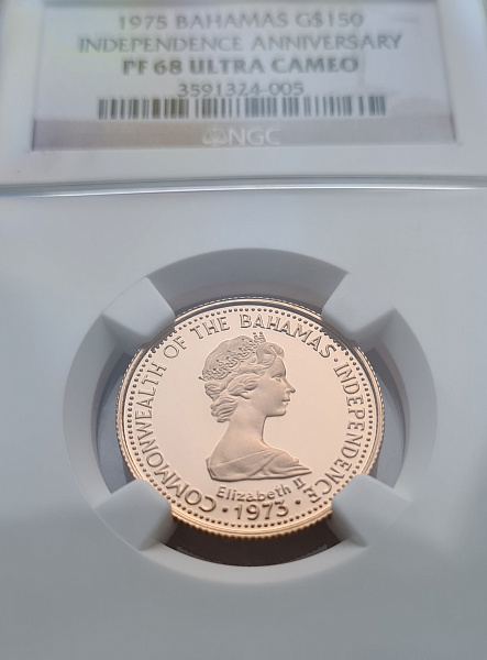 картинка Багамские острова. 150 Долларов 1975г. Золото. 8.19г*0.9166 0.2414 oz. СЛАБ NGC PF 68 ULTRA CAMEO! от магазина Одежда+ 3