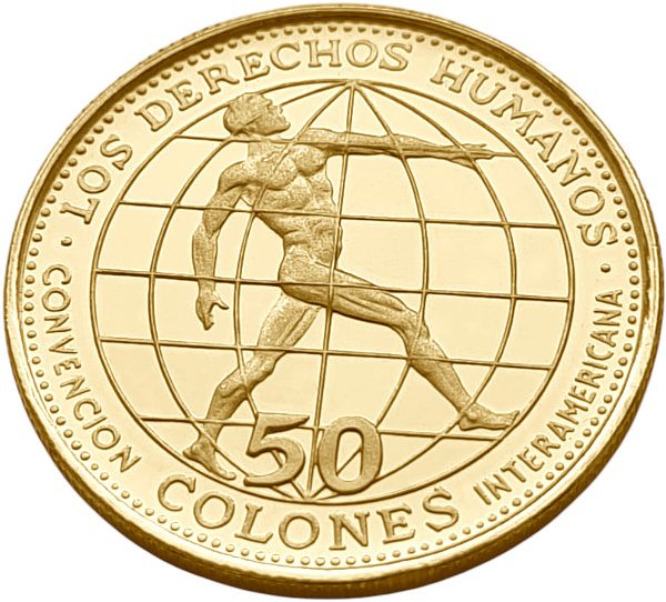 картинка Коста-Рика. 50 Колон 1970г. Золото. 7.45г*0.900 0.2156 oz. Конвенция по Правам Человека! от магазина Одежда+