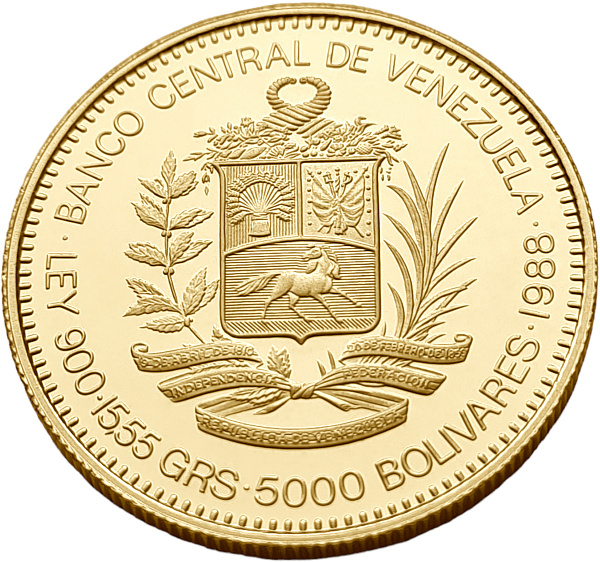 картинка Венесуэла. 5000 Боливаров 1988 г. Золото. 15.55 г*0.900 0.45 oz. Рафаэль Урданета! от магазина Одежда+ 2