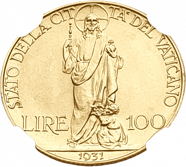 картинка Ватикан. 100 Лир 1931 г. Золото. 8.8 г*0.900 0.2546 oz. СЛАБ ННР MS 63! от магазина Одежда+