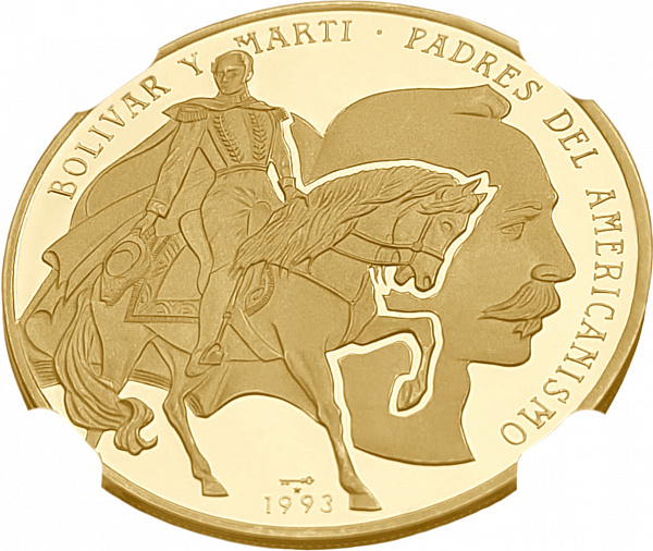 картинка Куба. 200 Песо 1993 г. Золото. 31.1 г*0.900 0.9 oz. Симон Боливар и Хосе Марти! ТИРАЖ 150 ЭКЗ! СЛАБ NGC PF 68 ULTRA CAMEO! от магазина Одежда+