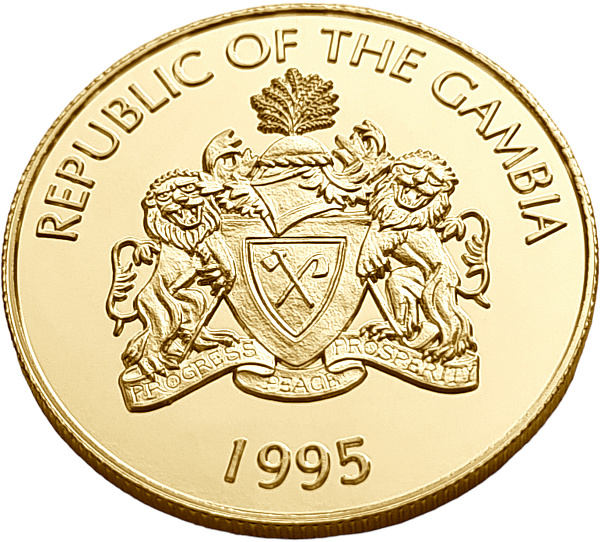 картинка Гамбия. 20 Даласи 1995 г. Золото. 7.776 г*0.5833 0.1458 oz. Носорог! от магазина Одежда+ 2