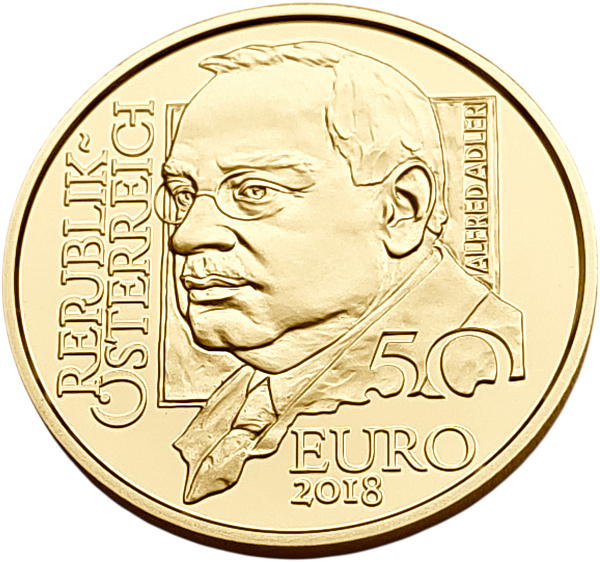 картинка Австрия. 50 Евро 2018 г. Золото. 7.89 г*0.986 0.25 oz. Альфред Адлер! от магазина Одежда+ 2