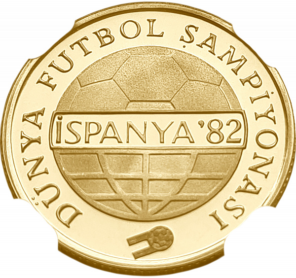 картинка Турция. 5000 Лир 1982 г. Золото. 7.13 г*0.500 0.1146 oz. Футбол! Пруф! СЛАБ NGC PF67 ULTRA CAMEO! от магазина Одежда+ 2