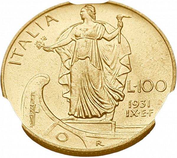 картинка Италия. 100 Лир 1931 г. Золото. 8.799 г*0.900 0.2546 oz. СЛАБ CPRC MS 62! от магазина Одежда+