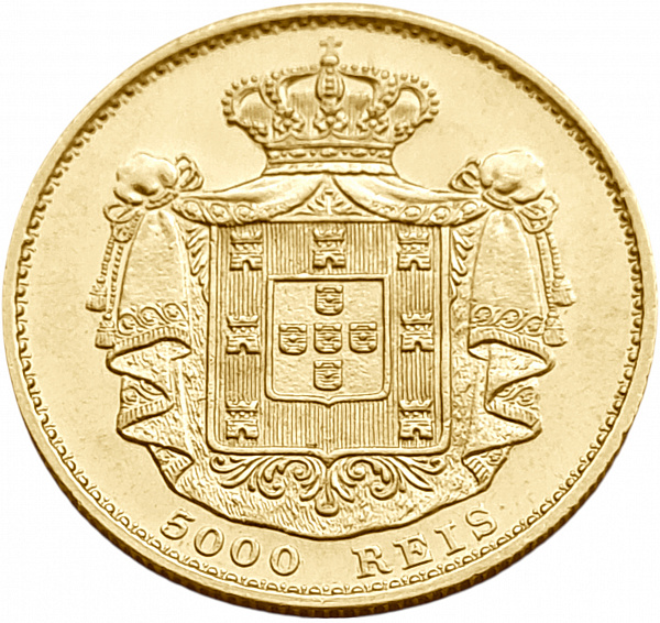 картинка Португалия. 5000 Рейс 1883 г. Золото. 8.8675 г*0.917 0.2614 oz. СЛАБ CPRC MS 61! от магазина Одежда+ 2